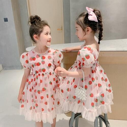 Kids Dresses for Girls Fashionable Strawberry Print Short Sleeve Princess Dress Tulle Tutu Dress 4-9 Years Big Girl Clothing New