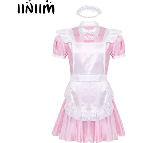 Men Adults Sissy Maid Dress Cosplay Costume Turn-down Collar Puff Sleeve Button Down Dress with Apron Headband Sexy Clubwear