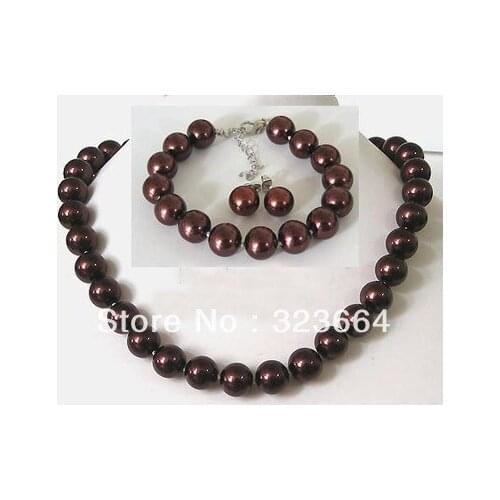 Hot Sell ! fashion 10mm Chocolate Shell Pearl bracelet Necklace earring Set AAA