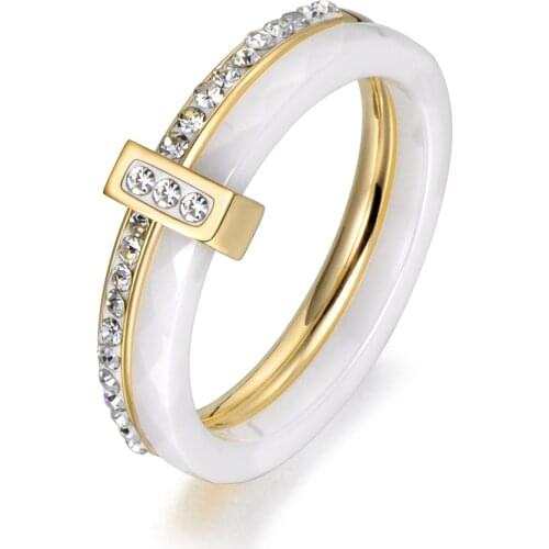 2 Layers Black/White Ceramic Crystal Wedding Rings Jewelry Rose/White Gold Stainless Steel Rhinestone Engagement Ring R18054