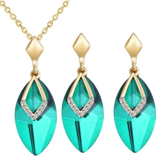 Fashion Wedding Gift Jewelry Gold Color Geometric Shape Crystal Earrings Pendant Necklace Set Women Jewelry Set Bijioux NT80023