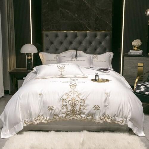 New Luxury White Gray Champagne Blue Embroidery Satin Cotton Bedding Set Silky Smooth Duvet Cover Flat/Fitted Sheet Pillowcases