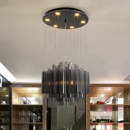 Round black chandelier for living room 2021 smoke gray glass hanging lamp for bedroom dining room square led chandeliers