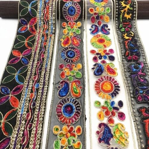 1 Yards Ethnic Gold Thread Sequins African Lace Trims Ribbon DIY Sewing Dress Decoration Embroidered Fabric