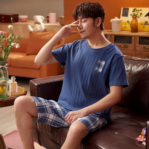 Summer Plus Size Men Pajamas Set Fashion Blue Plaid Short Sleeve Shorts 2pcs Sleepwear O-Neck Outdoor Loungewear Cotton Homewear