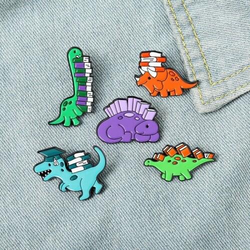 Cartoon Jurassic Animal Book Dinosaur Enamel Pins Stegosaurus Tyrannosaurus Brooches Badges Jewelry For Kids Friends Wholesale