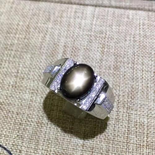 Natural Star Sapphire Stone Solid Silver 925 Rings Men Natural Stone 925 Sterling Silver Jewelry Male Free Box Certificate Gifts
