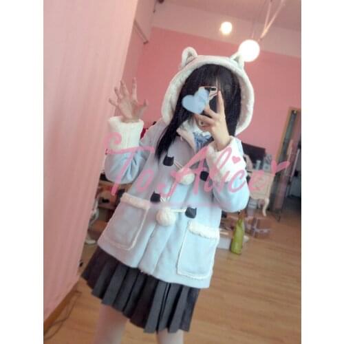 Super Cute Cat Ear Hat Girls Winter Horn Button Buckle Coat Kawaii Lolita Outwear Womens Hooded Coats Fur Ball Cashmere