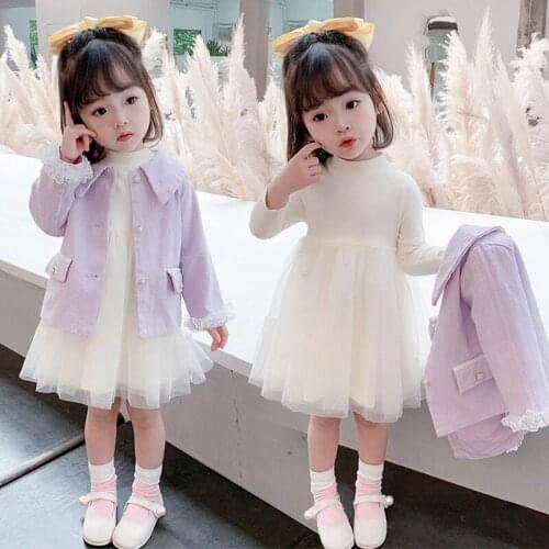 Clothing for Girls 2021 Spring Autumn Purple Jacket+ Long Sleeve Princess Dress 2 Pcs Childrens Clothing Sets Baby Kids Outfit