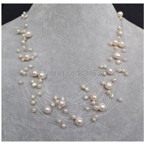 Wholesale Pearl Jewelry - White Color Multistrand Illusion Genuine Freshwater Pearl Necklace - Wedding Birthday Gift