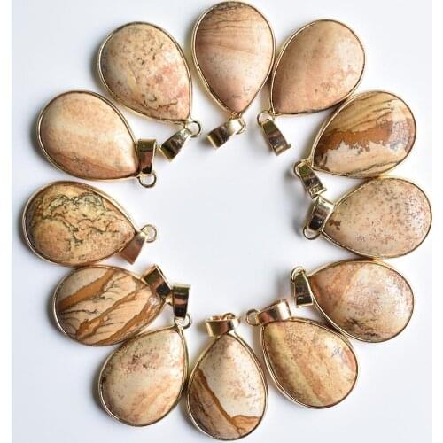 New good quality natural picture stone gold side water drop charm pendants for jewelry making 12pcs/lot wholesale free shipping