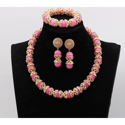 Luxury Dubai Gold Accessory African Bead Jewelry Sets Necklace Bracelet Earrings Set for Female Wedding Gift AJS002