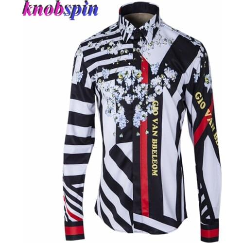 Fashion Print long sleeve Slim Casual Men Shirt 2019 Brand quality Business male Dress shirts Plus size 4XL 48 Camisas masculina