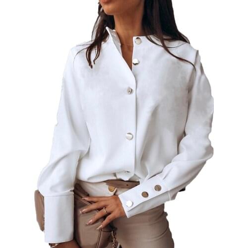 Elegant New Women Office Lady Professional Solid Color Stand Collar Long Sleeve Blouse Button Down Cuff Shirt