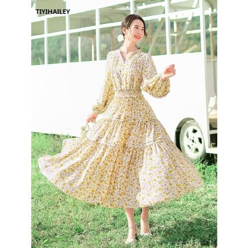 TIYIHAILEY Free Shipping Boshow Autumn Spring High Waist Print Long Maxi Lantern Sleeve S-L Flower V-Neck Chiffon Dresses