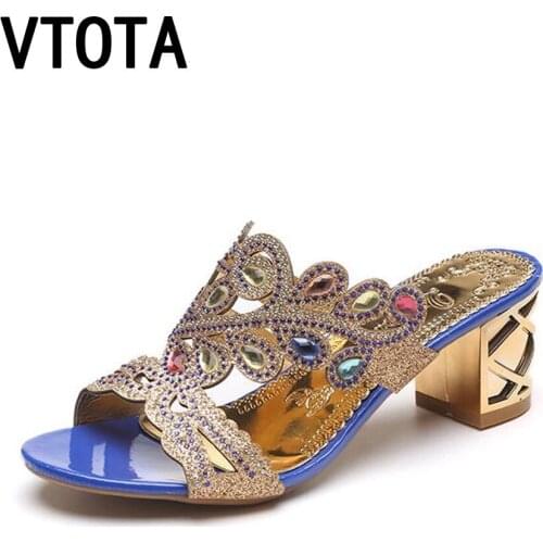 VTOTA Rhinestone Slippers Women Fashion Heeled Slides Designer Squred Heel Female Slippers Summer Shoes Woman Beautiful Shoes B2