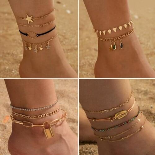 Vintage Boho Anklets For Women Fashion Gold Link Chain Charm Ankle Bracelets Female Foot Jewelry