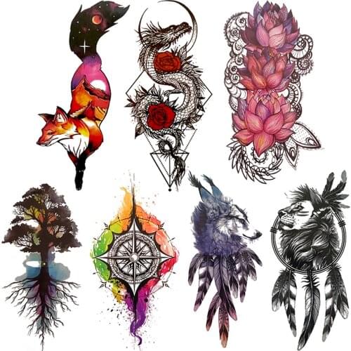 Fox Temporary Tattoo For Kids Women Girls Watercolor Tree Compass Tattoos Sticker Dragon Lotus Tatoo Legs Wolf Lion Feather Hand