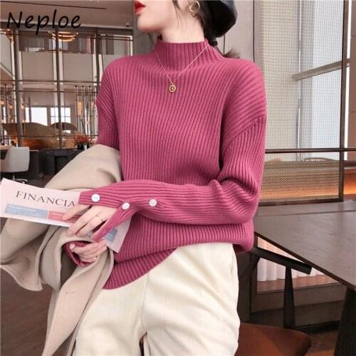 Neploe Button Decoration Knitting Tops Women 2021 New Autumn Winter Loose Half High Neck Sweater Female Sweet Bottoming Pullover