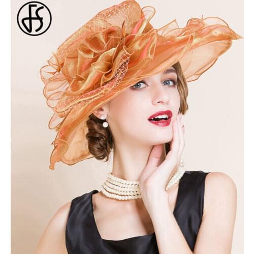 FS Summer Organza Hat For Women 2021 Beach Kentucky Derby Sun Hats Ladies Party Wedding Wide Brim Fascinator Fedoras