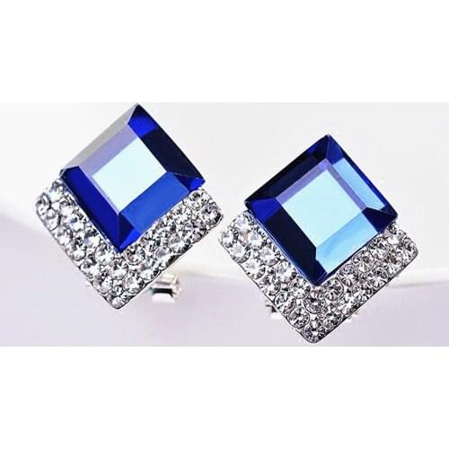 Fashion blue crystal sapphire gemstones diamonds stud earrings for women white gold silver color jewelry bijoux drop brincos