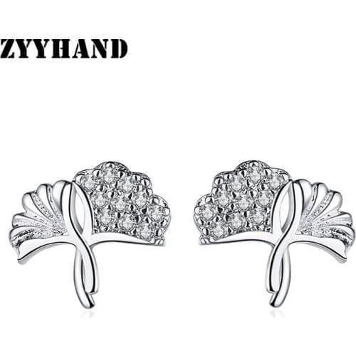 Cubic Zirconia Clean Stone Girl Stud Earrings Lady Ginkgo Leaf Shape Platinum-Plated Silver-Color Romantic Women Ear Jewelry