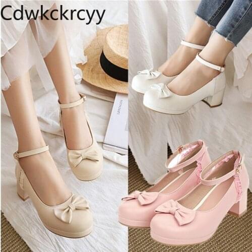 Spring and fall The New fashion Round head sweet Bow High heel Womens shoes white Pink Beige princess High heel Women shoes