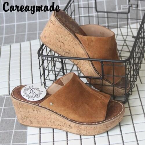Careaymade-Large size women' slippers,slope heels fish mouth shoes,high heels thick soles leisure simple sexy cow suede shoes