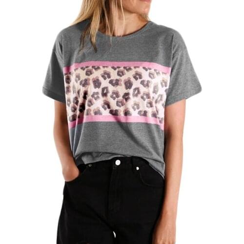 Womens New Round Neck Short-Sleeved Leopard Print Positioning Printing Hit Color T-Shirt Loose Pullover Blouse Gray