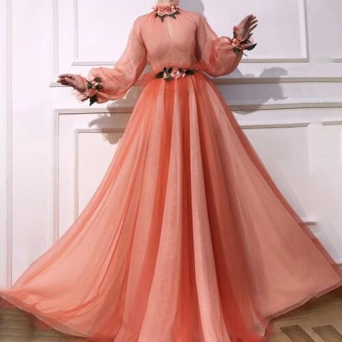 High Neck Keyhole Front Long Sleeves Orange Tulle Prom Dress with 3D Flowers Evening Gowns vestido para formatura