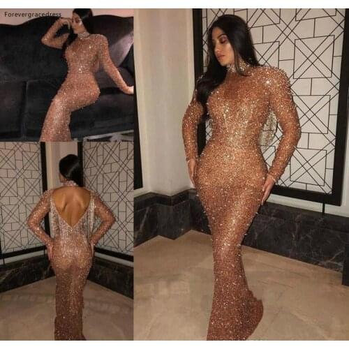 2019 Long Sleeves Saudi Arabic Dubai Mermaid Evening Dress Gold Sequins Holiday Women Wear Formal Party Prom Gown Custom Made