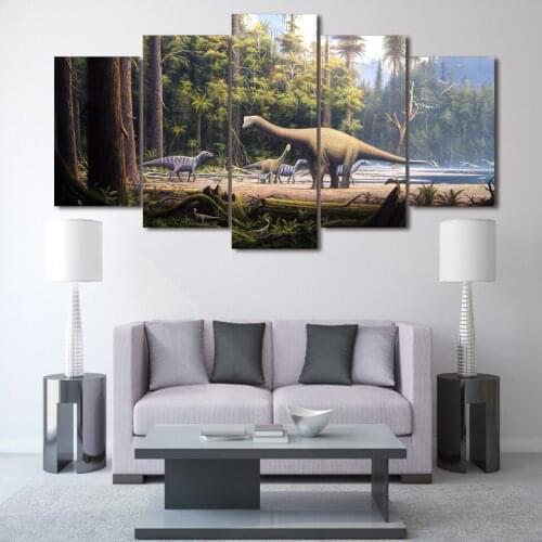5 Panels Unframed Canvas Art Painting Dinosaur Animal Forest Landscape Wall Pictures Home Decor for Children Room