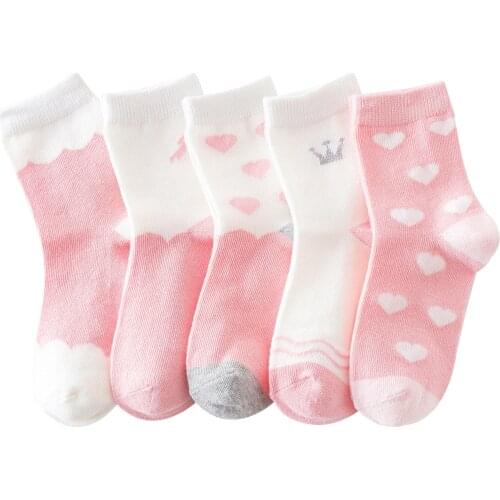 5 Pairs/Set Children Kids Girls Heart Print Socks Baby Toddler Warm Cotton Soft Autumn Winter Non-Slip Socks 9-12Y