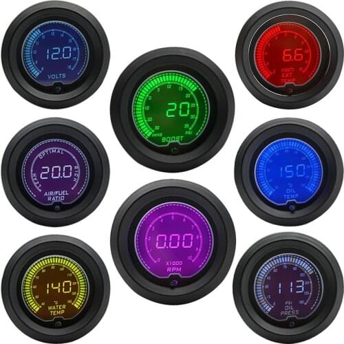 52mm Boost/Water temp/Oil temp/Volt/Tachometer/EGT/Air fuel ratio/Oil pressure Gauge LCD Digital 7 Color Display + Gauge Pods