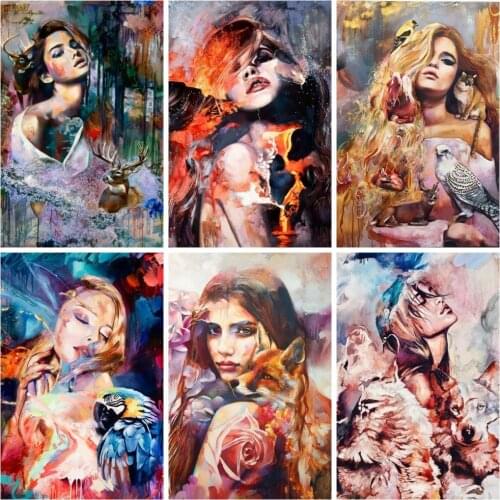 Huacan 5D Diamond Painting Cross Stitch Girl Animals Full Diamond Mosaic Beads Embroidery Portrait Rhinestone Pictures Wall Art