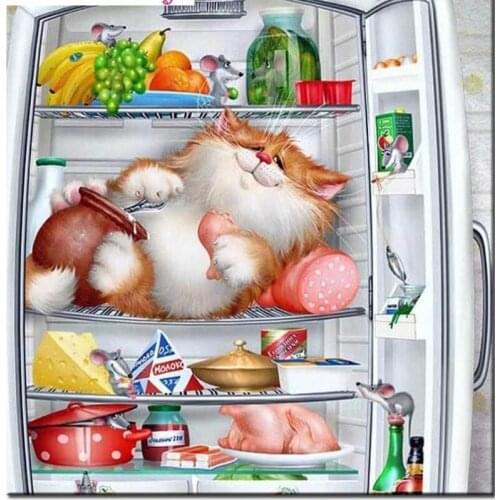 ARMYQZ 5D DIY Diamond Painting "Cat In Refrigerator" 3D Embroidery Cross Stitch Mosaic Decor gift