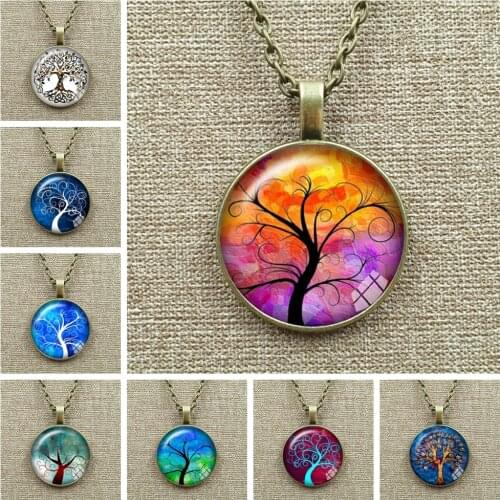 Tree of Life Glass Cabochon Statement Necklace & Pendant Jewelry Vintage Charm Chain Choker Punk Jewelry Gift for Women