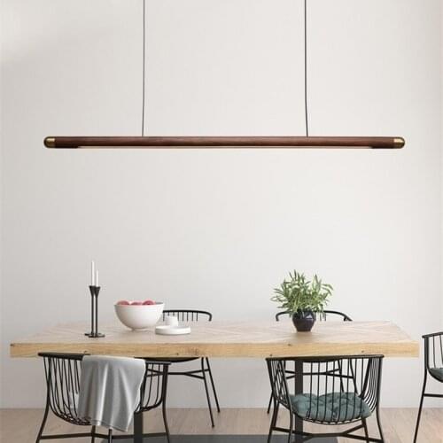 Designer Dining Room Wood Pendant Lights Black Walnut Minimalist Long Strip Led Hanglamp Home Decor Dining Table Light Fixtures
