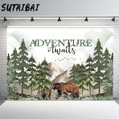 Adventure Awaits Baby Shower Backdrop Mountain Forest Woodland Decorations Photography Background Party Photoshoot Backdrops