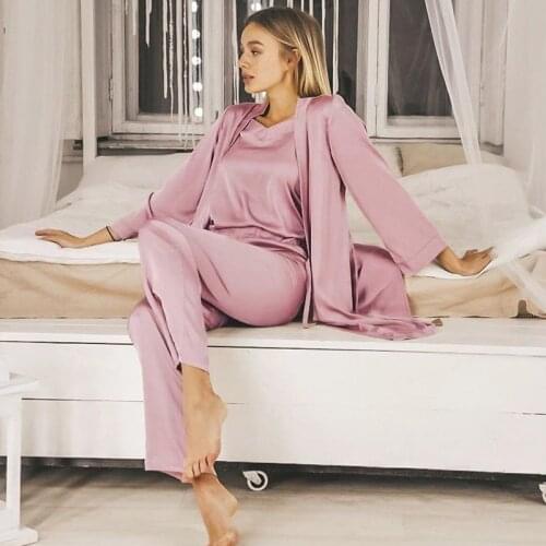 2021 Satin Simple Robe Sets Winter 3 Piece Set Silk Sleepwear Women Pajamas With Pants Sashes Long Sleeve Suit Sets Home Wear