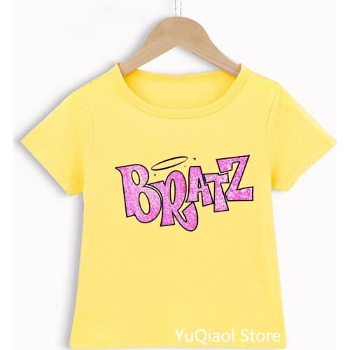 Fashion Y2k Bratz T Shirt Baby Clothes Girls Summer Yellow Pink Blue Green Color T-Shirt Cute Birthday Gift Wholesale Kids Tops