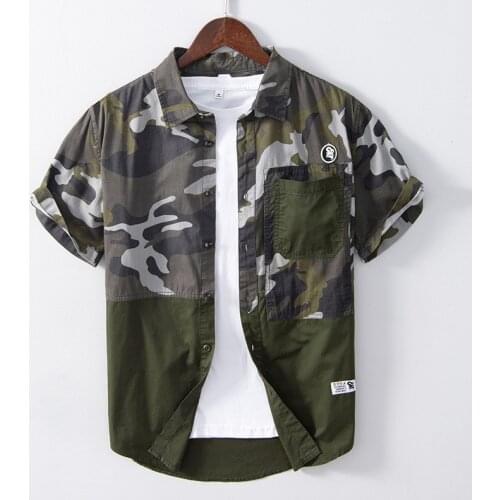 L873 Men Camouflage Shirt Summer Casual Natural Military Sport Outdoor Pocket Green Turn-Down Collar Button Cotton Slim Fit Tops