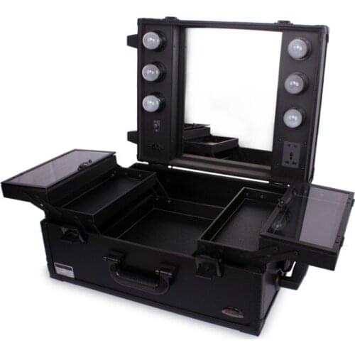 2016 New professional Aluminum makeup Box Cosmetic case with trolly makeup box light case