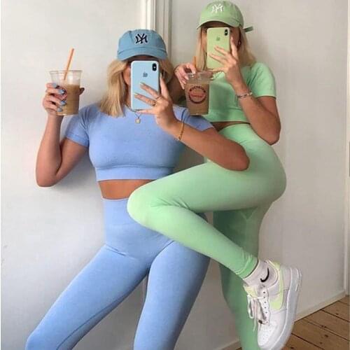 New 2 PCS Women Summer Seamless yoga set Fitness Sports Suits GYM Clothing Yoga bra top High Waist shorts leggings Workout Pants