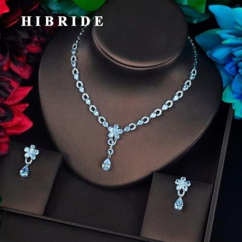 HIBRIDE New Elegant Clear Blue Green Red Bridal Party Jewelry Sets Flower Design Dress Accessories Pendientes Mujer Moda N-681