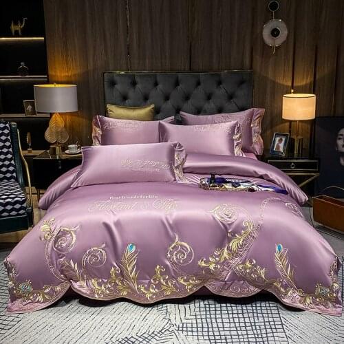 New Luxury Purple Satin Silk Cotton Royal Gold Embroidery Bedding Set Duvet Cover Flat/Fitted Sheet Pillowcases Home Textiles