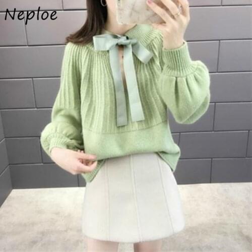 Neploe Autumn Winter Pullover Sweater Women Long Lantern Sleeve Knitted Sweater Female with Bow Jumper Ladies Clothes 1E860