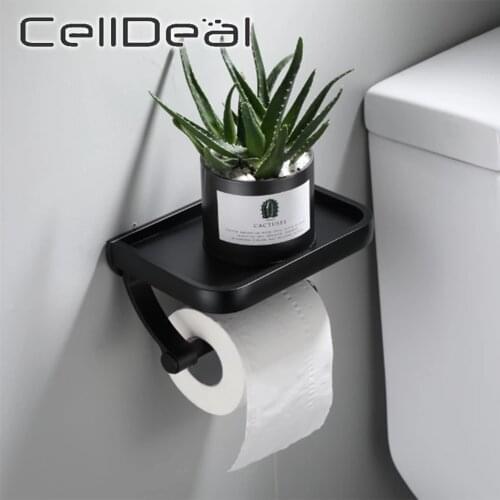 Toilet Shelf Black Paint Drilling Paper Holder With Mobile Phone Space Aluminum Material Rack Wall Mounted Bathroom Holder
