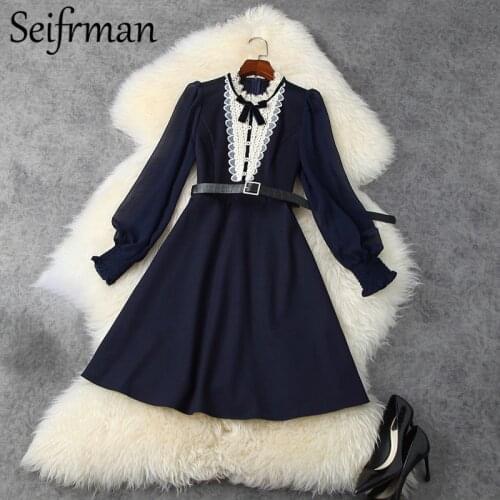 Seifrmann Summer Women Fashion Designer Party Midi Dress Lace Bow Lantern Sleeve Elegant Slim Ladies A-Line Dresses Vestidos