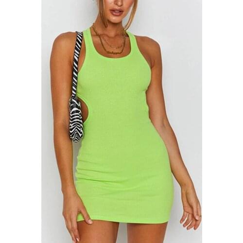 SKMY Sexy Party Dresses For Women 2021 Backless Hollow Out Sleeveless Slim Bodycon Nightclub Summer Dress Solid Color